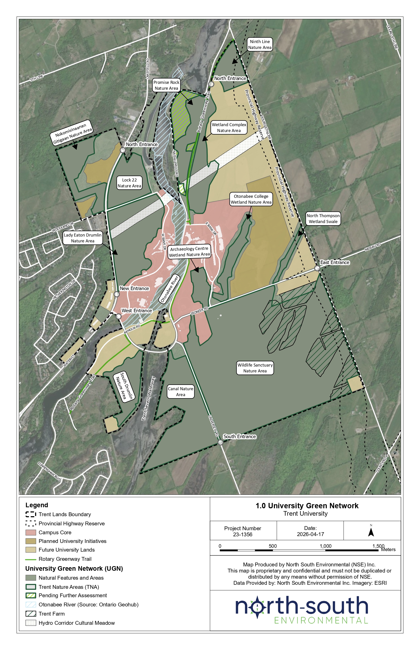 Map titled “1.0 University Green Network – Trent University” showing Trent lands and surrounding area with labelled nature areas, entrances, trails, campus core, future lands, wetlands, river corridor, farm lands, and conservation zones. Colour-coded overlays identify the University Green Network, Trent Nature Areas, pending assessment zones, Rotary Greenway Trail, Otanabee River, hydro corridor cultural meadow, and planned university initiatives. Major labelled areas include Wildlife Sanctuary Nature Area, Canal Nature Area, Lock 22 Nature Area, Wetland Complex Nature Area, Promise Rock Nature Area, South Drumlin Nature Area, and multiple east, west, north, and south entrances. Legend, scale bar, date, and North South Environmental logo appear at bottom.